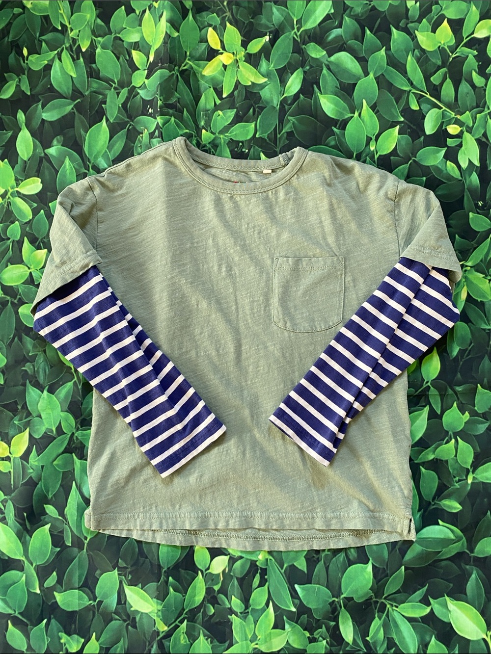 Mini Boden Kids Layered-Look Long Sleeve Tee in Olive with Navy Stripes